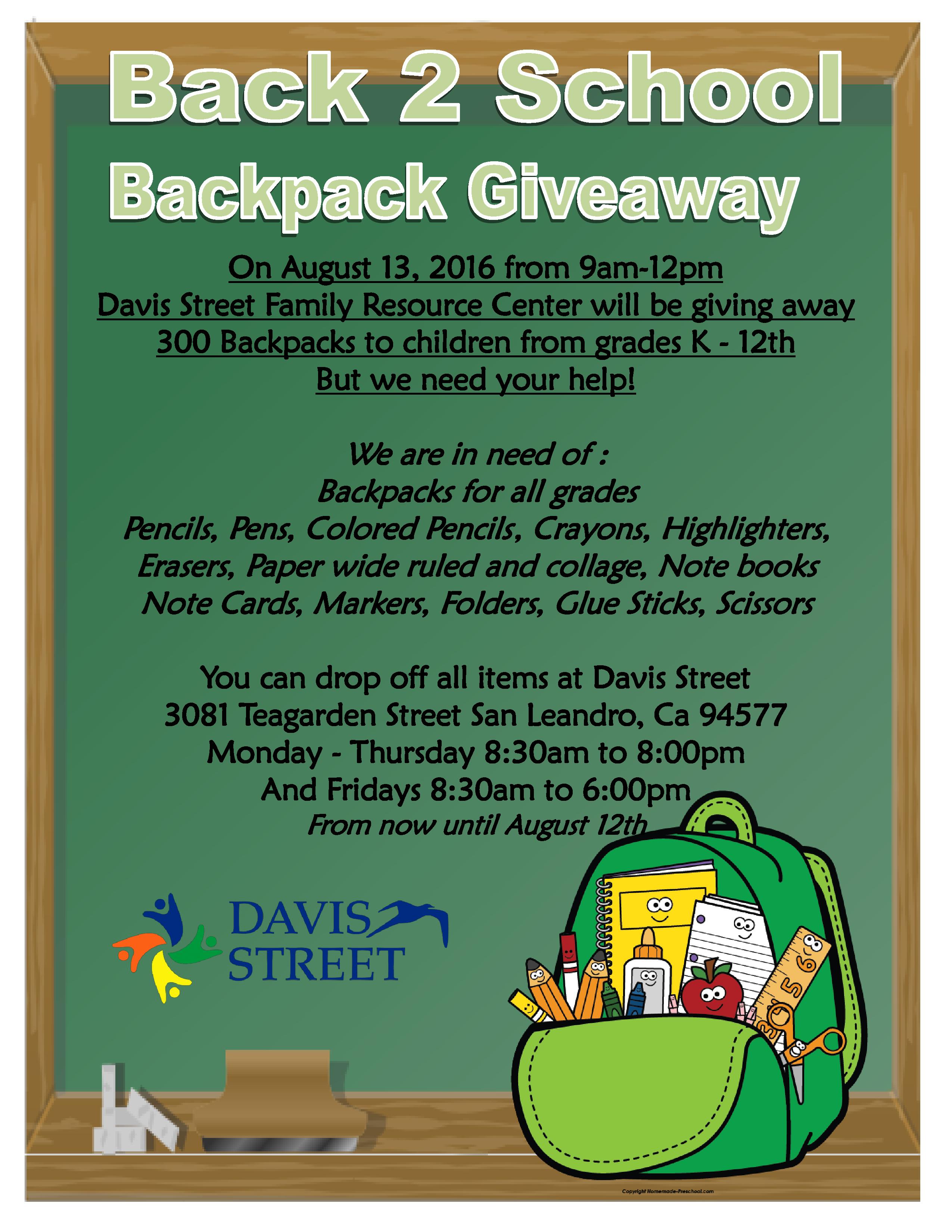 Back 2 School Giveaway is This Saturday! Davis Street