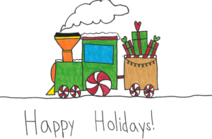Child's drawing of a candy cane train pulling gifts behind it.